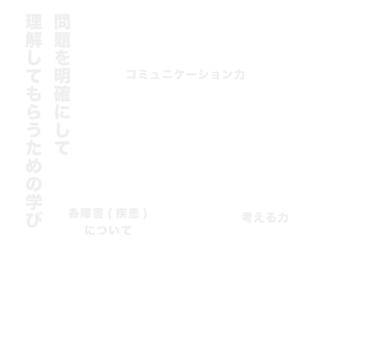 問題を明確にして理解してもらうための学び　コミュニケーション力　「原因となる原因」、改善の道筋を明確に伝えるための知識を学ぶ・各障害(疾患)について　エビデンスなども交え、海外の最新の医療知識を学ぶ・考える力　治療技術を用いる前の考え方やルール、法則などを学ぶ