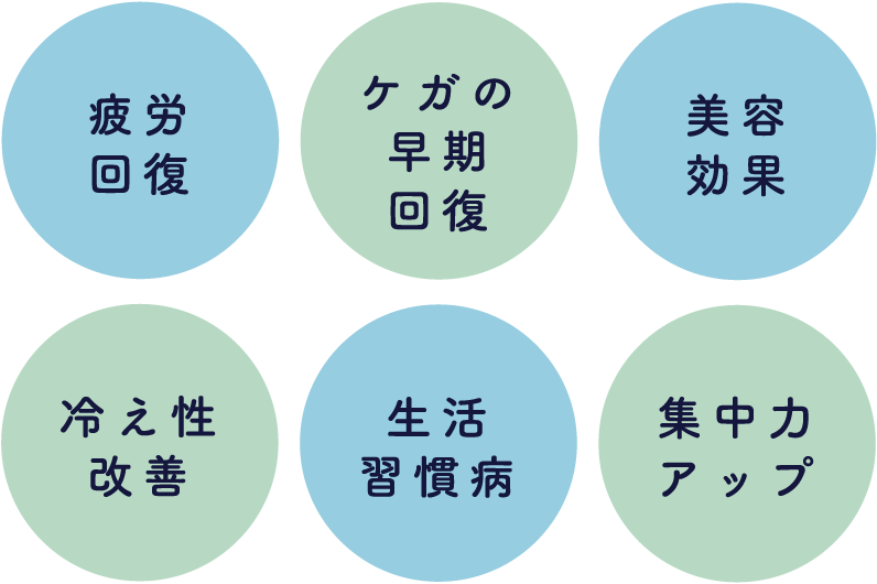 疲労回復　ケガの早期回復　美容効果　冷え性改善　生活習慣上　集中力アップ