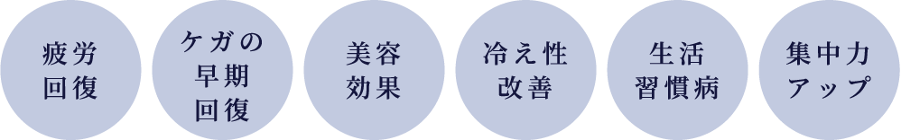 疲労回復　ケガの早期回復　美容効果　冷え性改善　生活習慣病　集中力アップ